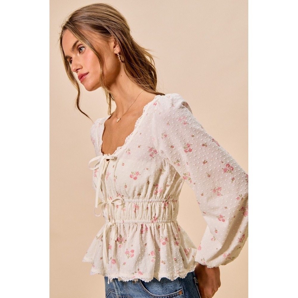 SO ME Floral Clip Dot Lace Trim Ruched Bodice Blouse - White - Medium - Picture 13 of 16